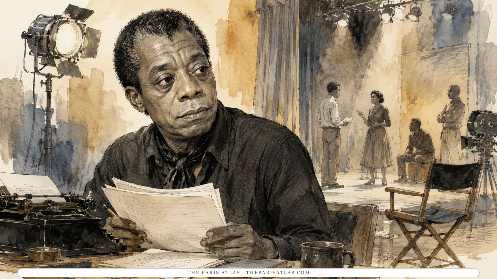 Illustration of James Baldwin at a desk with a typewriter and loose script pages in his hand, a lit stage behind him where actors rehearse among lamps, a camera and a director's chair
