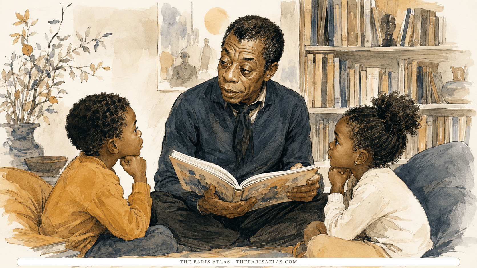 Illustration of James Baldwin sitting on the floor reading an open picture book to two children, one on either side of him, a wall of bookshelves behind