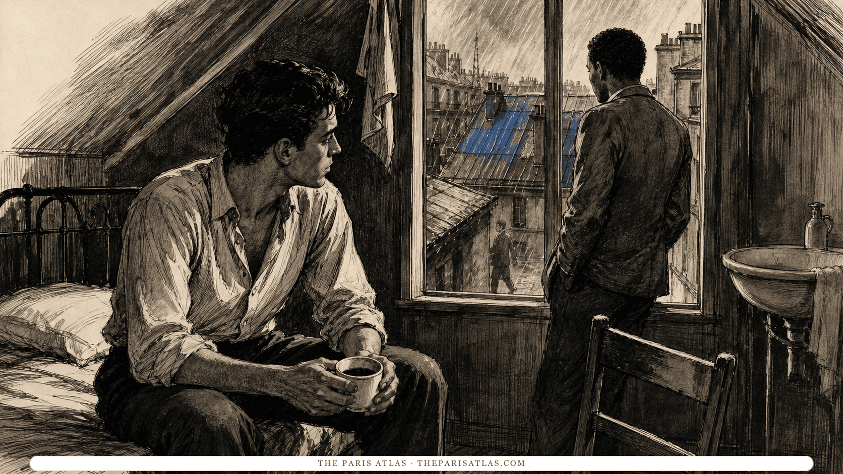 Two adult men sit apart in a cramped rain-dark Paris attic room overlooking zinc roofs.