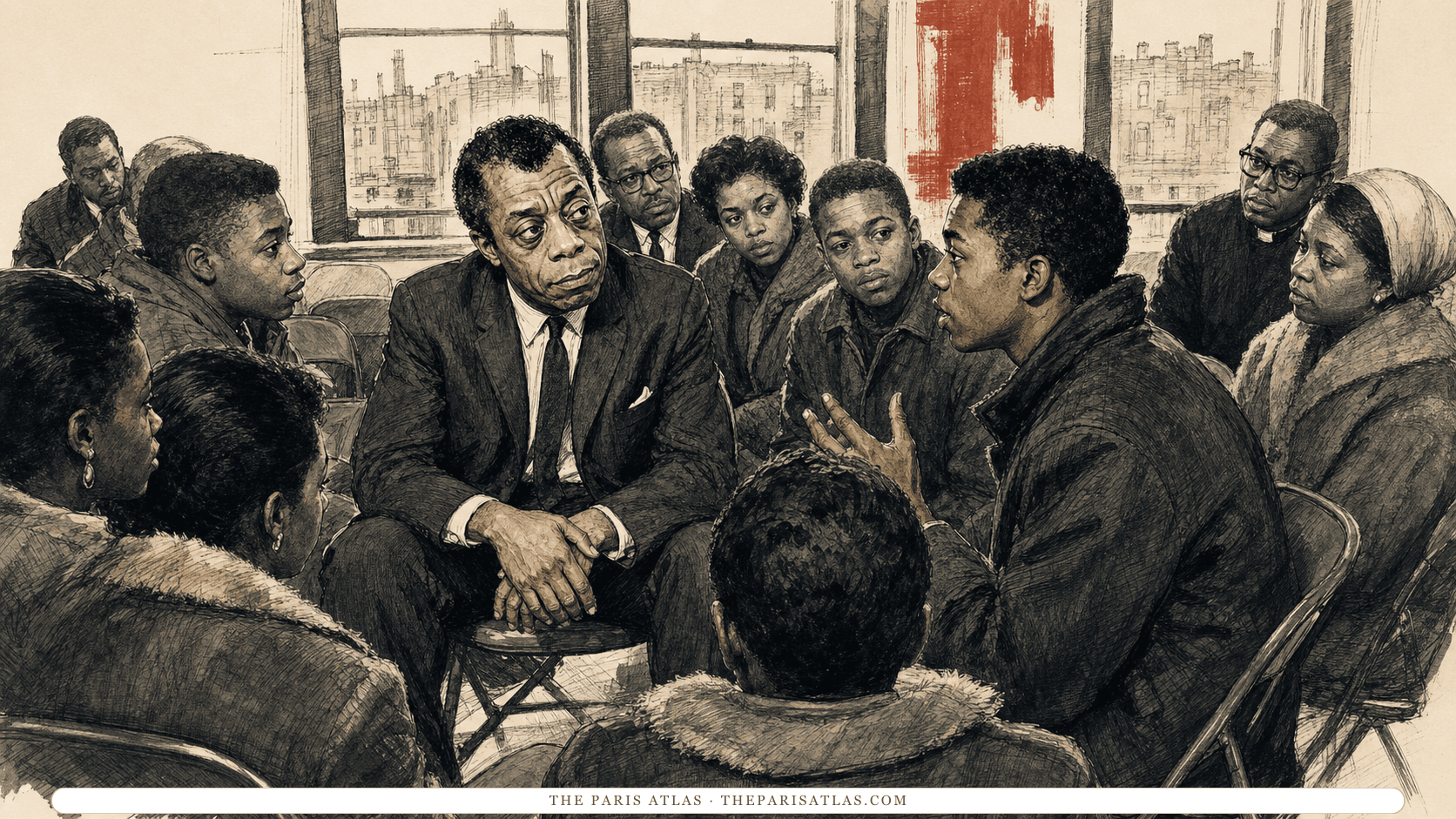 James Baldwin listens as a young adult speaks in a close Harlem community discussion.