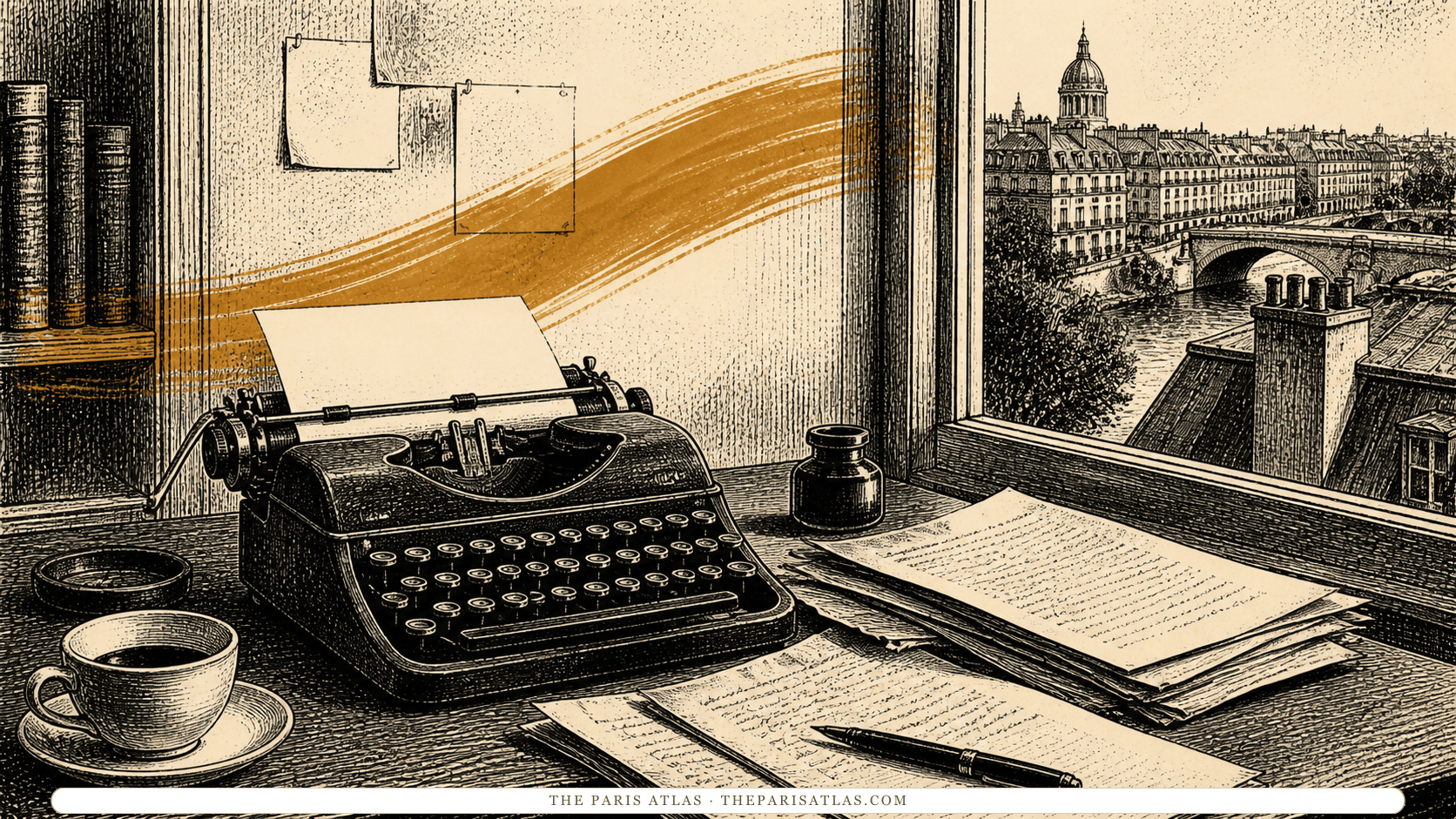 Pen-and-ink illustration of a portable typewriter and manuscripts beside a Paris window