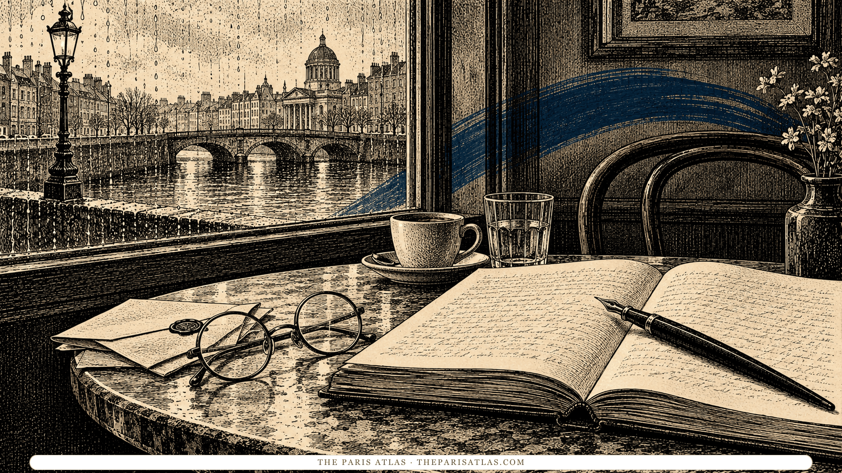 A notebook, spectacles and letters beside a rain-wet river and stone bridge.
