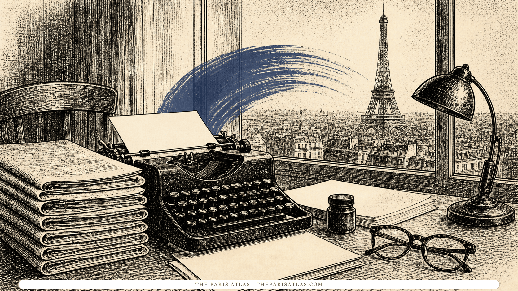 Pen-and-ink illustration of a journalist's typewriter, newspapers, spectacles, and the Eiffel Tower