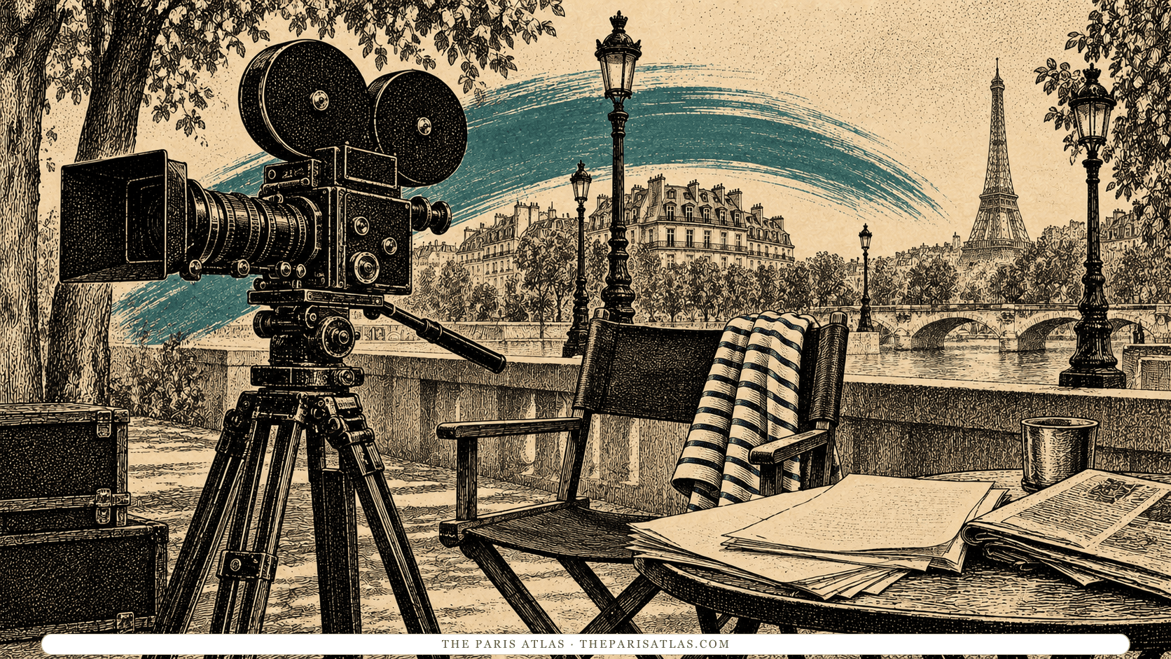 A 1960s film camera, script pages and a striped shirt on an empty chair.