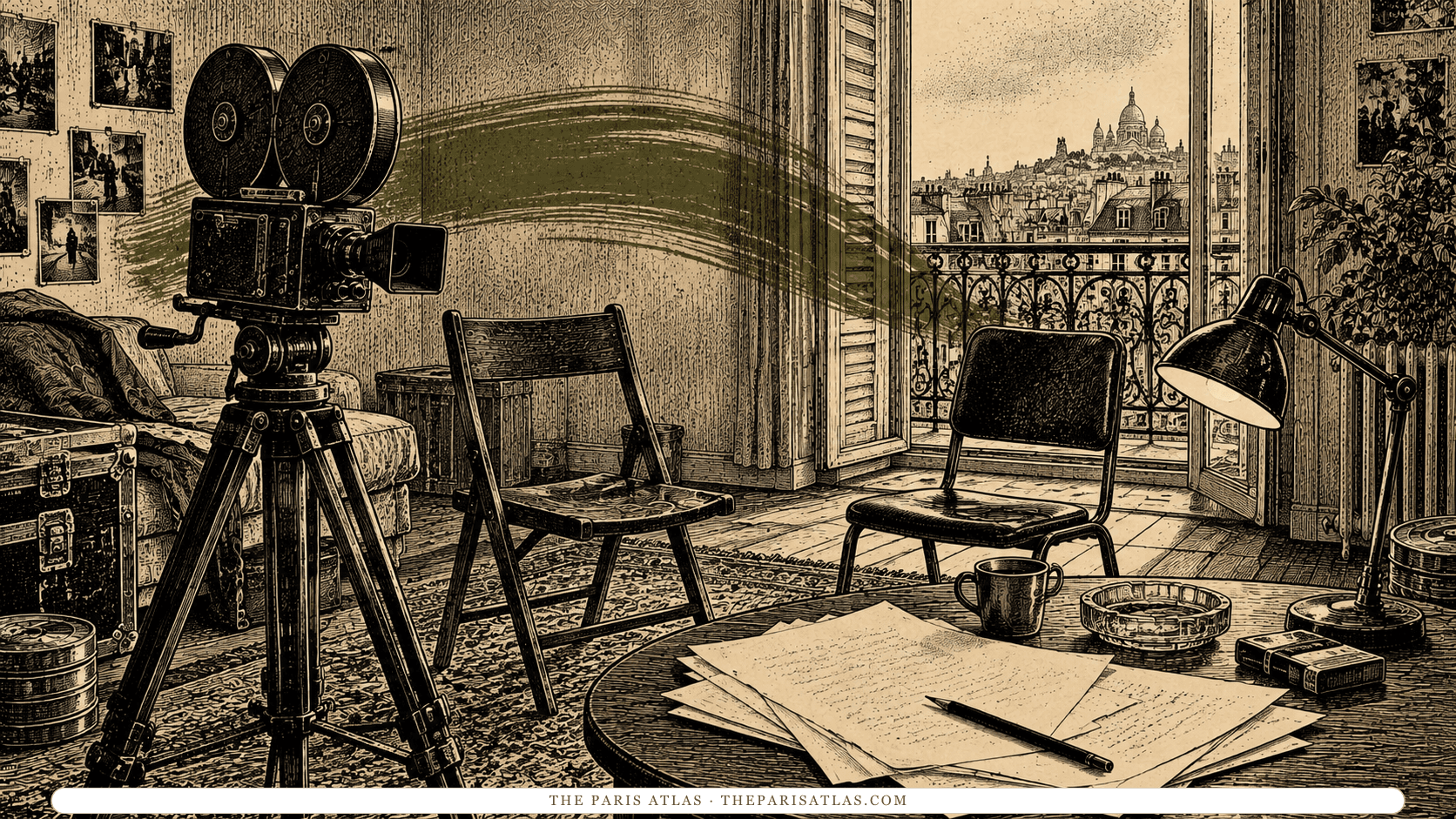 Film camera, empty chairs and script pages in an illustrated apartment.