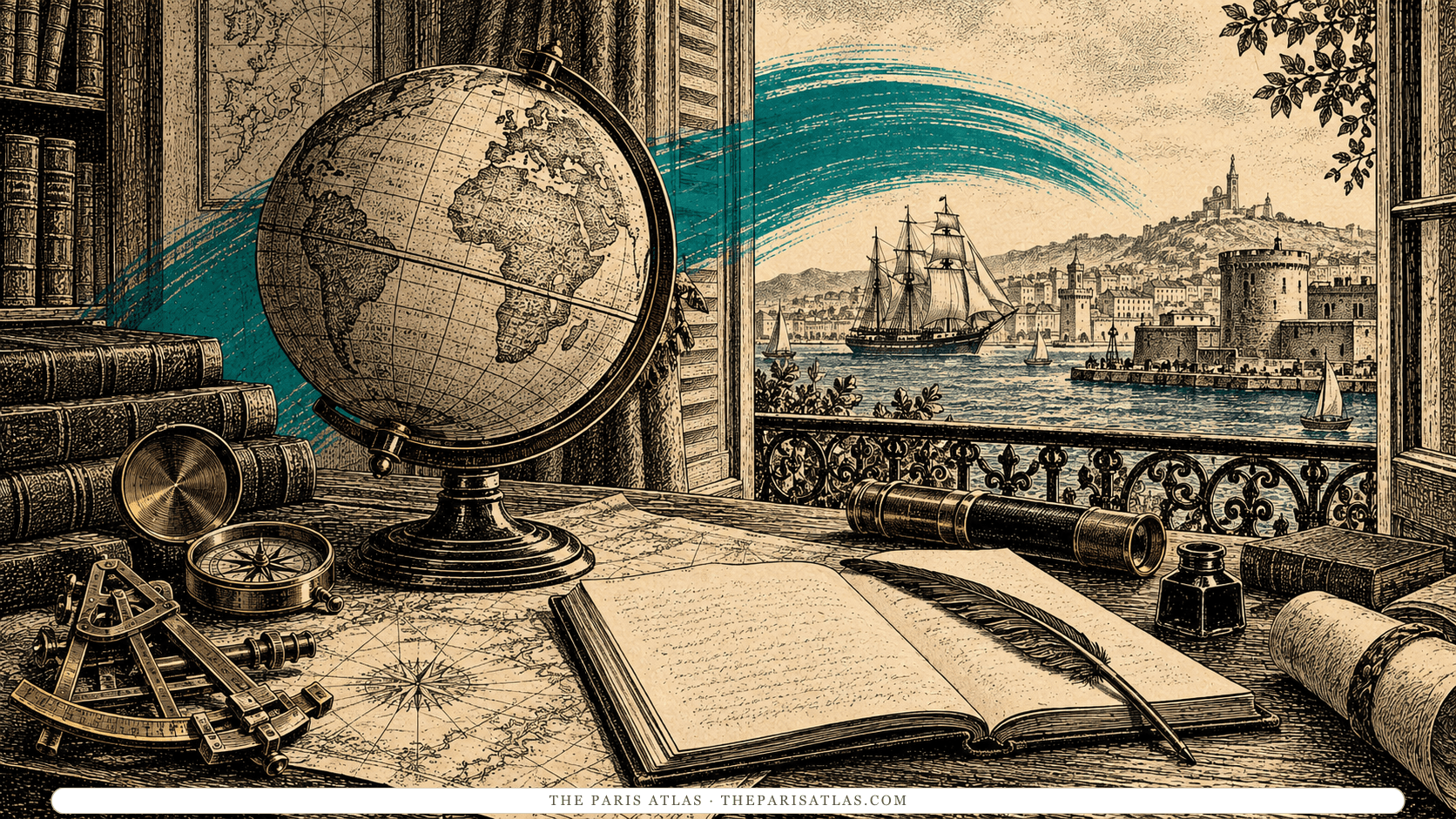 Globe, nautical instruments and a notebook in an illustrated study.