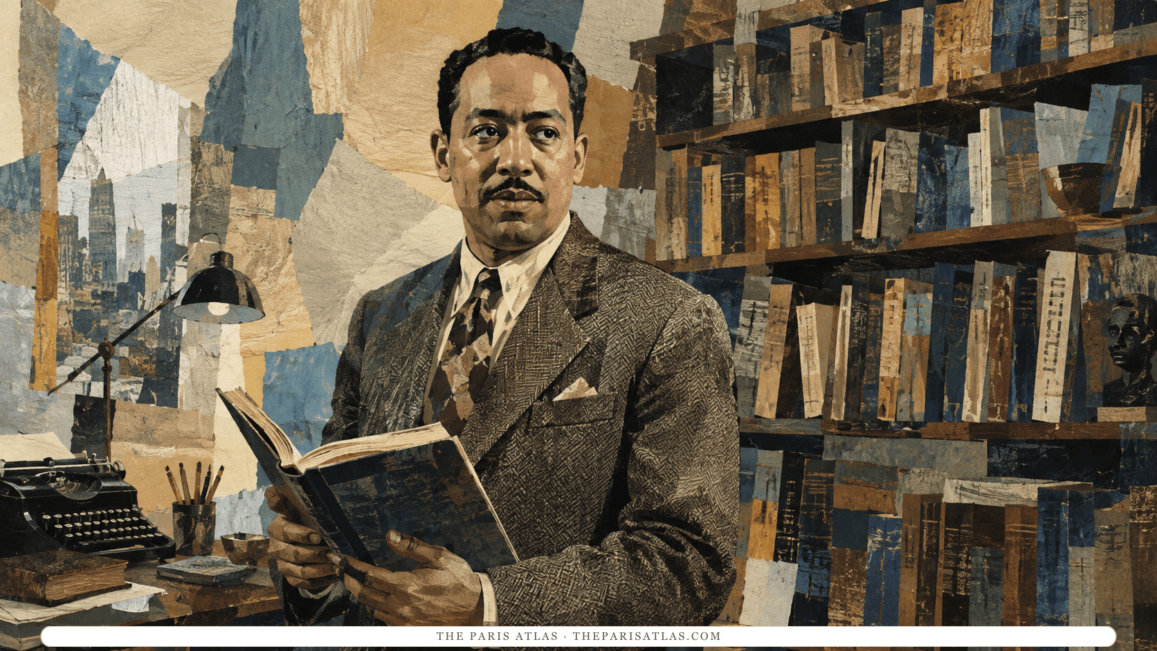 Langston Hughes holding an open book in a paper-collage illustration, a typewriter and desk lamp at his left, tall bookshelves built from torn printed papers at his right, and a collaged city skyline behind him.