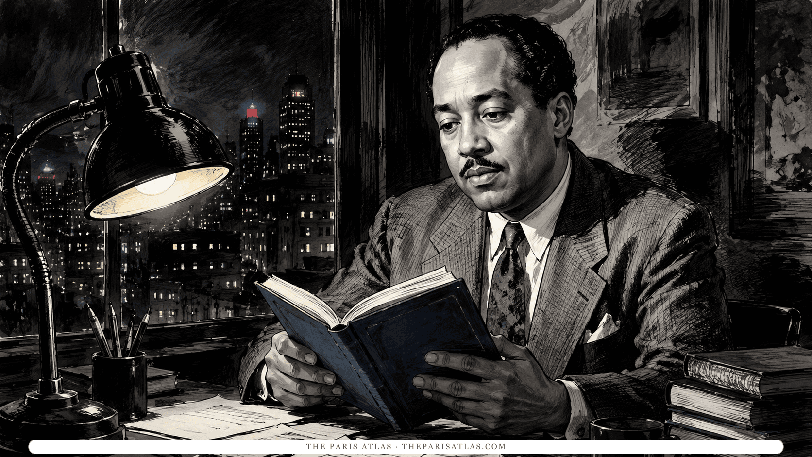 Langston Hughes reading a small dark-blue book under a desk lamp at night, drawn in ink with the lit windows and towers of the city filling the window behind him, papers and a mug on the desk.
