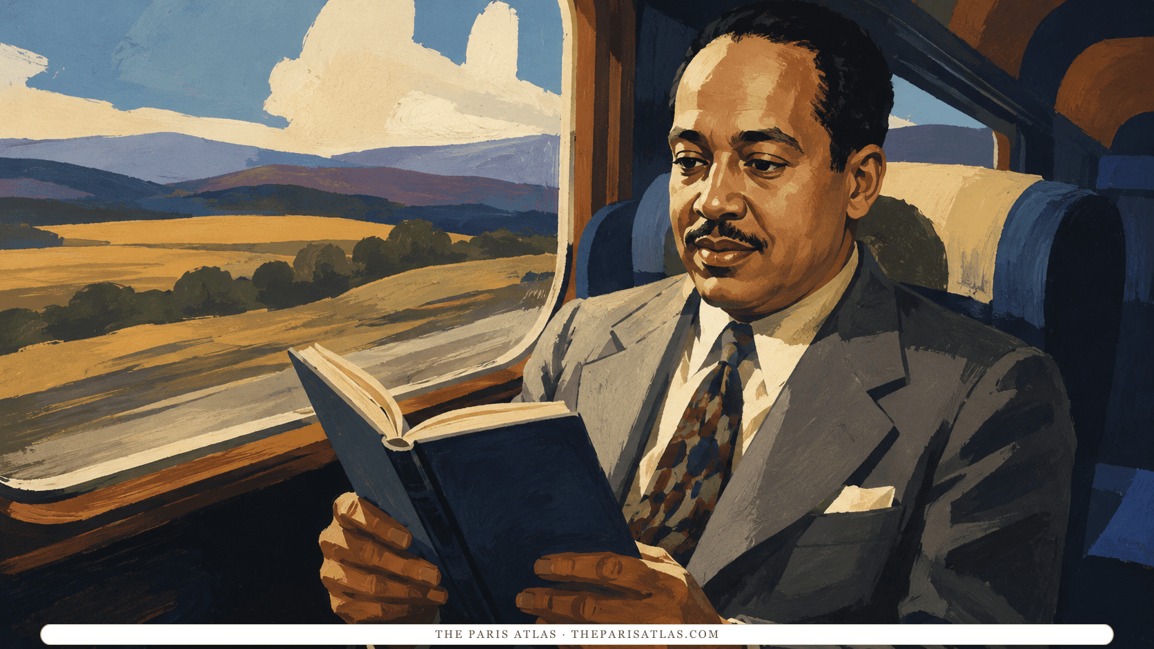 Langston Hughes reading a book in a train seat, painted in flat gouache planes, with golden fields, dark hills and a big clouded sky moving past the window.