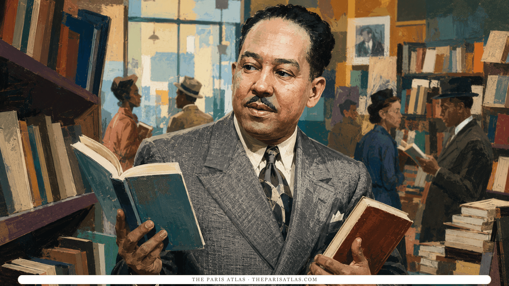 Langston Hughes standing in a busy bookshop holding one open blue book and one red book, painted shelves and browsing customers around him.