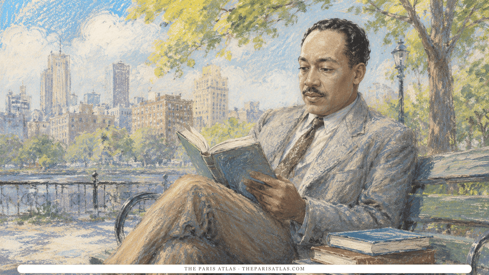Langston Hughes reading on a park bench in soft pastel, legs crossed, a small stack of books beside him, with trees, a river railing and an apartment-house skyline in the sun behind.