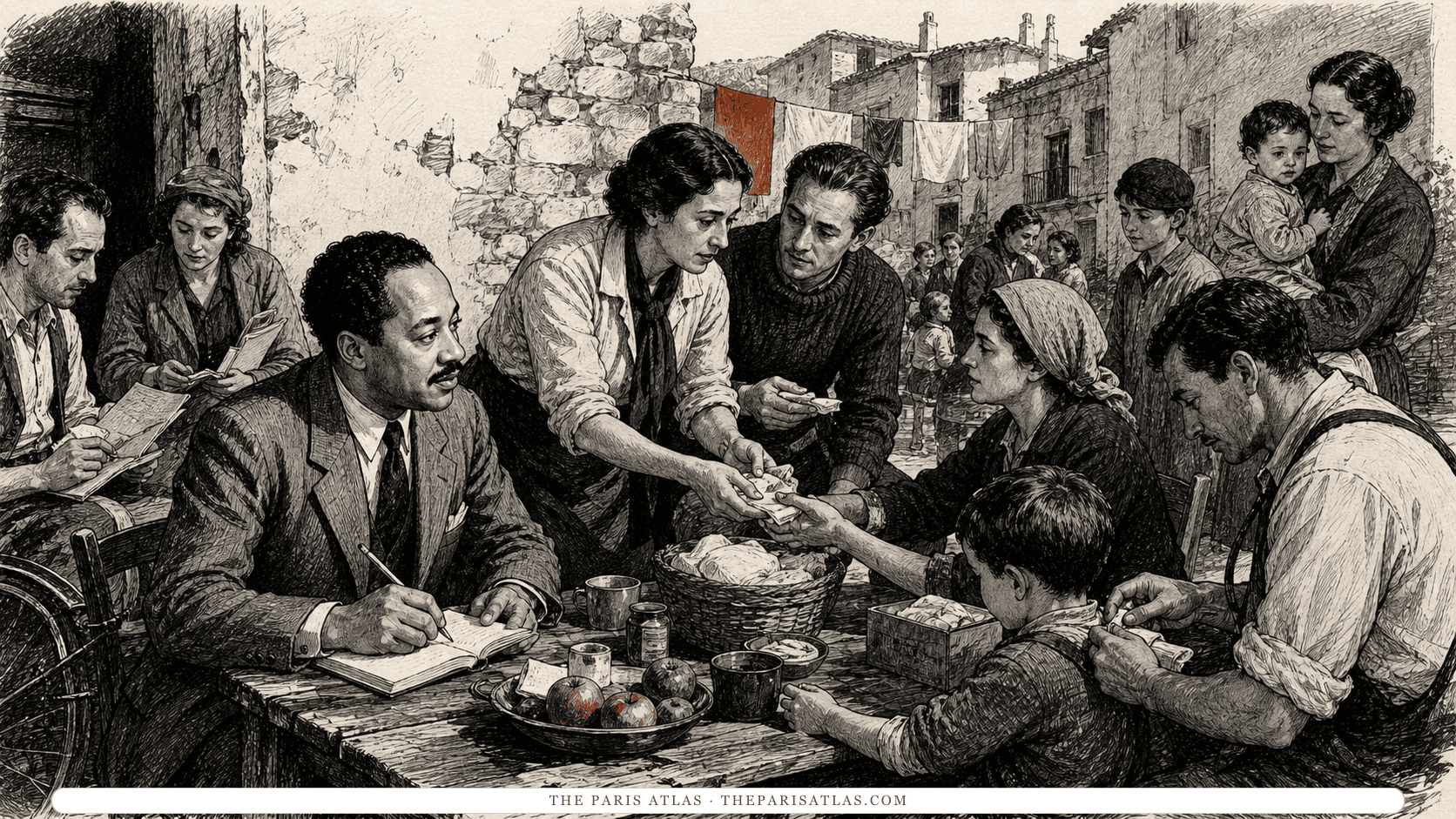 Langston Hughes takes notes as adult residents and aid workers organize supplies in a Spanish courtyard.