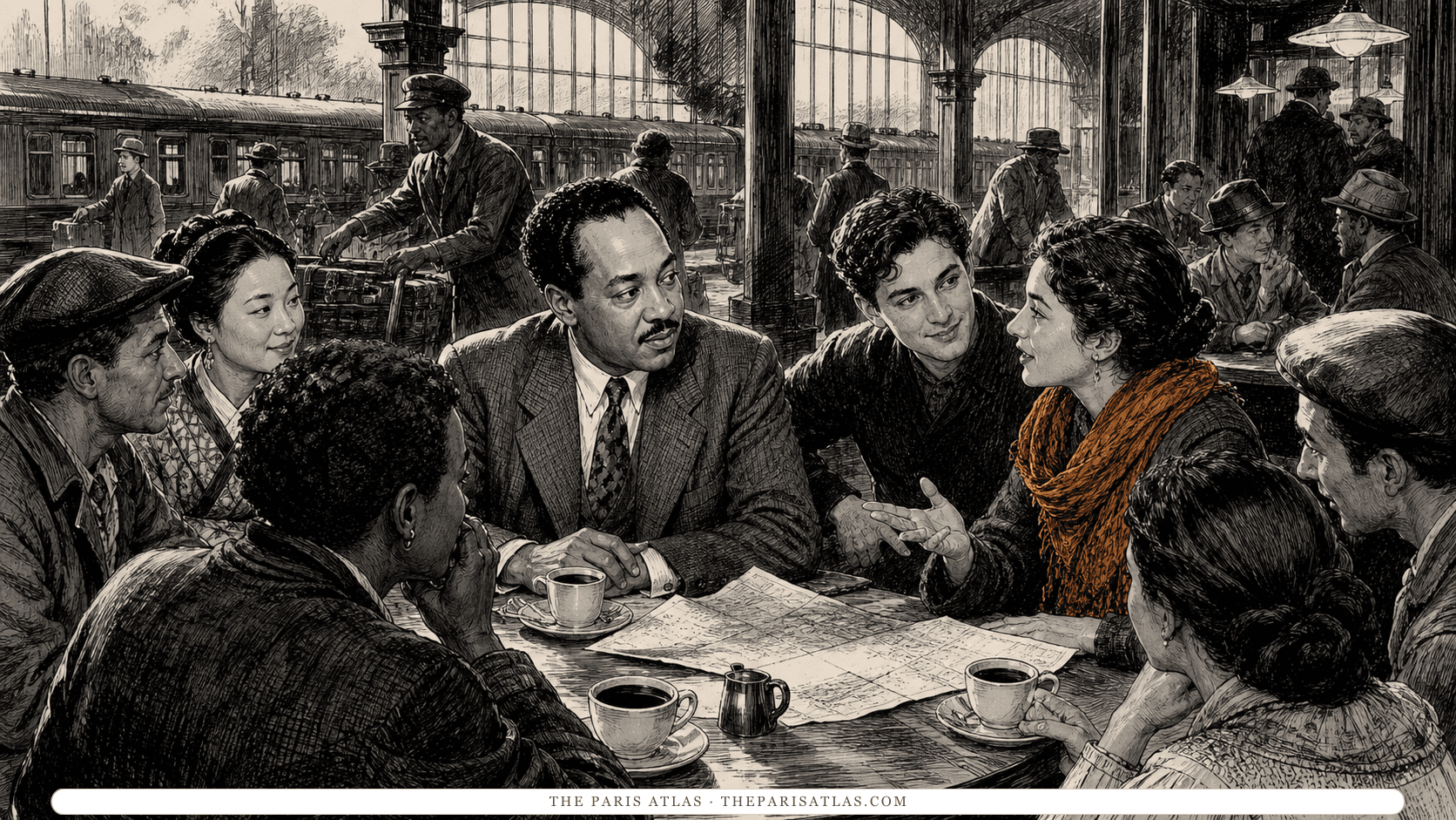Langston Hughes joins adult travelers from several countries around a busy railway café table.