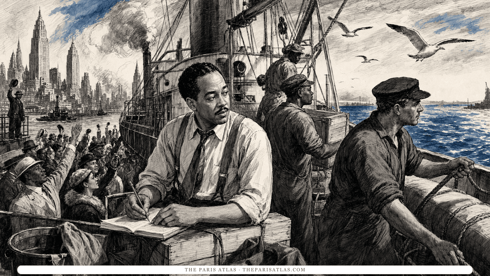 Young adult Langston Hughes works among a cargo-ship crew as New York harbor recedes.
