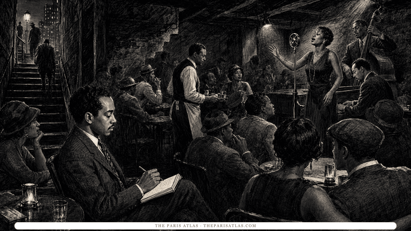 Langston Hughes writes near the stage as adult musicians and listeners fill a Harlem basement club.