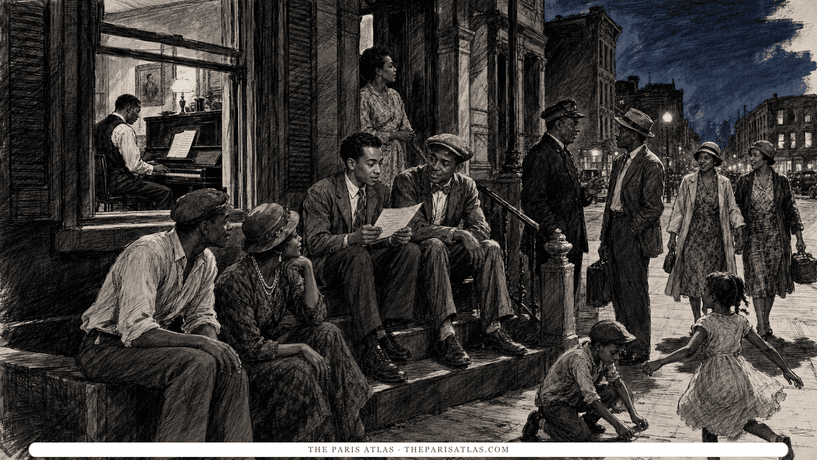 Adult neighbors listen to a pianist through an open Harlem parlor window while children play on the sidewalk.