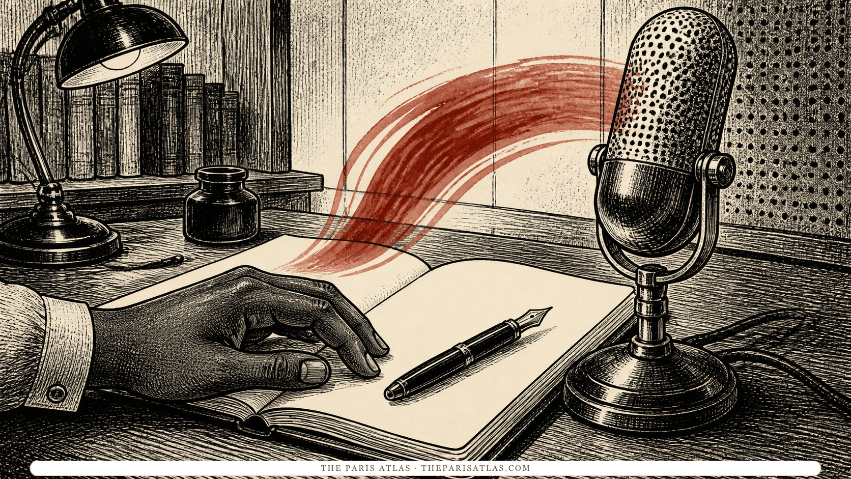 Pen-and-ink illustration of a writer's hand, an open notebook, a fountain pen, and a vintage microphone