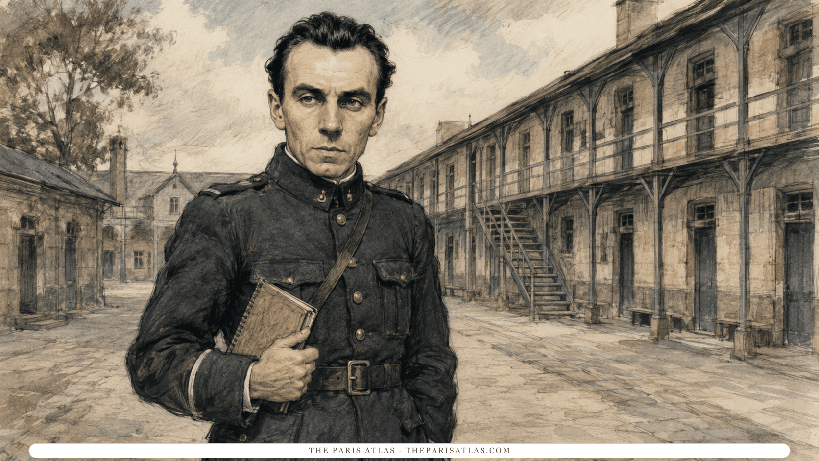 A young Louis-Ferdinand Céline in the dark blue uniform of the cuirassiers, a small book in his arm, standing in a barracks courtyard with a long two-storey wooden gallery running along one side.