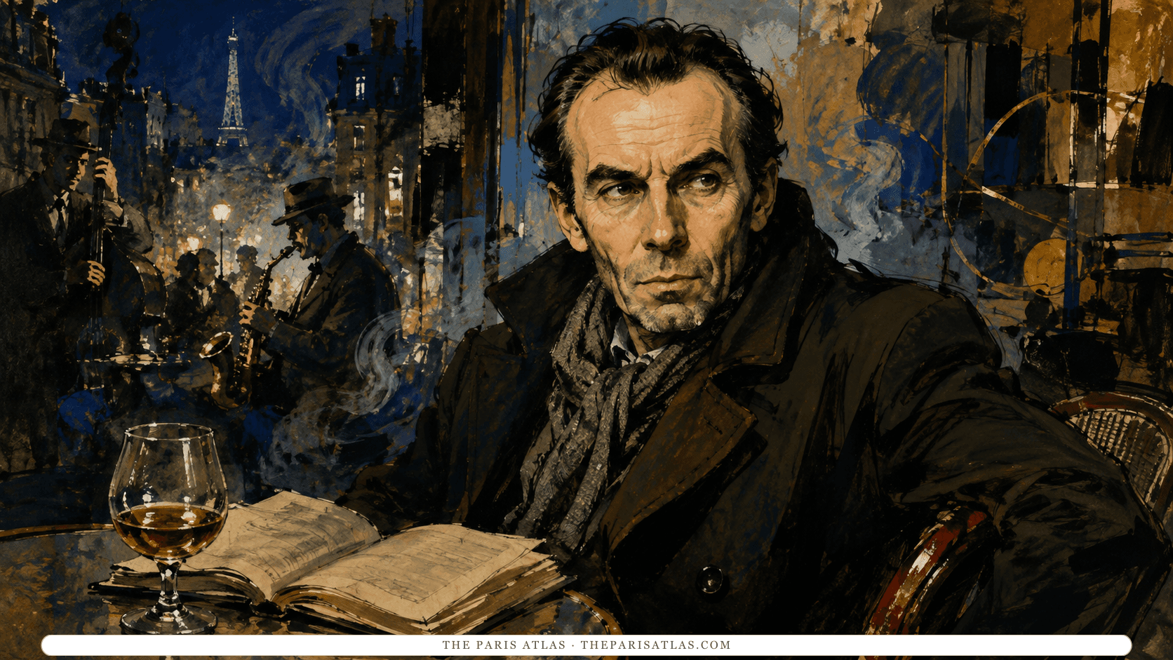 Louis-Ferdinand Céline at a Paris café table at night, a small glass of spirits and an open notebook in front of him, a jazz trio playing under a lamp behind him, the Eiffel Tower visible in the deep blue background.