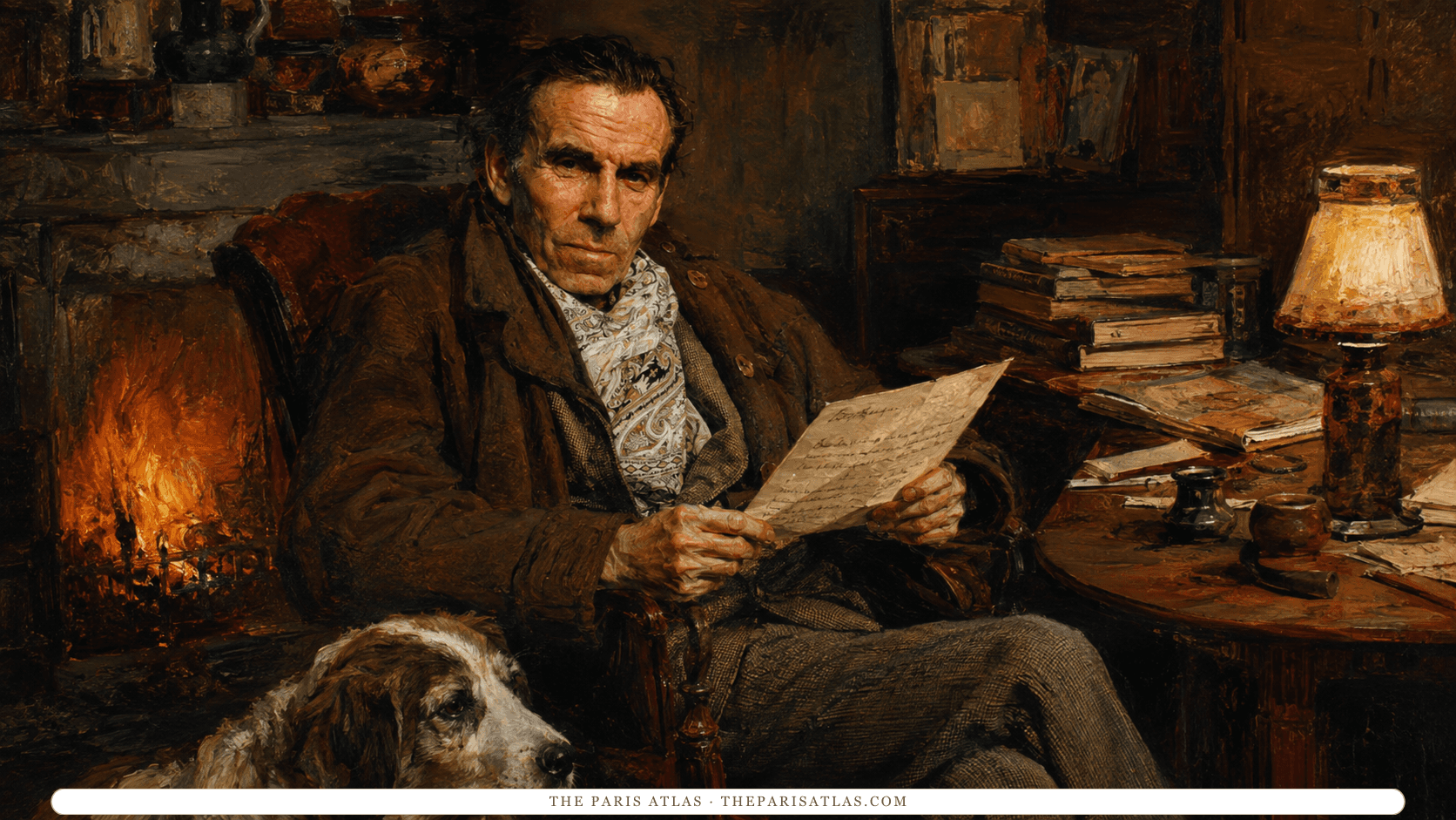 Louis-Ferdinand Céline in his exile years, a heavy brown overcoat and paisley scarf blowing in the wind, standing on a coastal path above a grey Baltic sea, a stone gate and bare trees behind him.