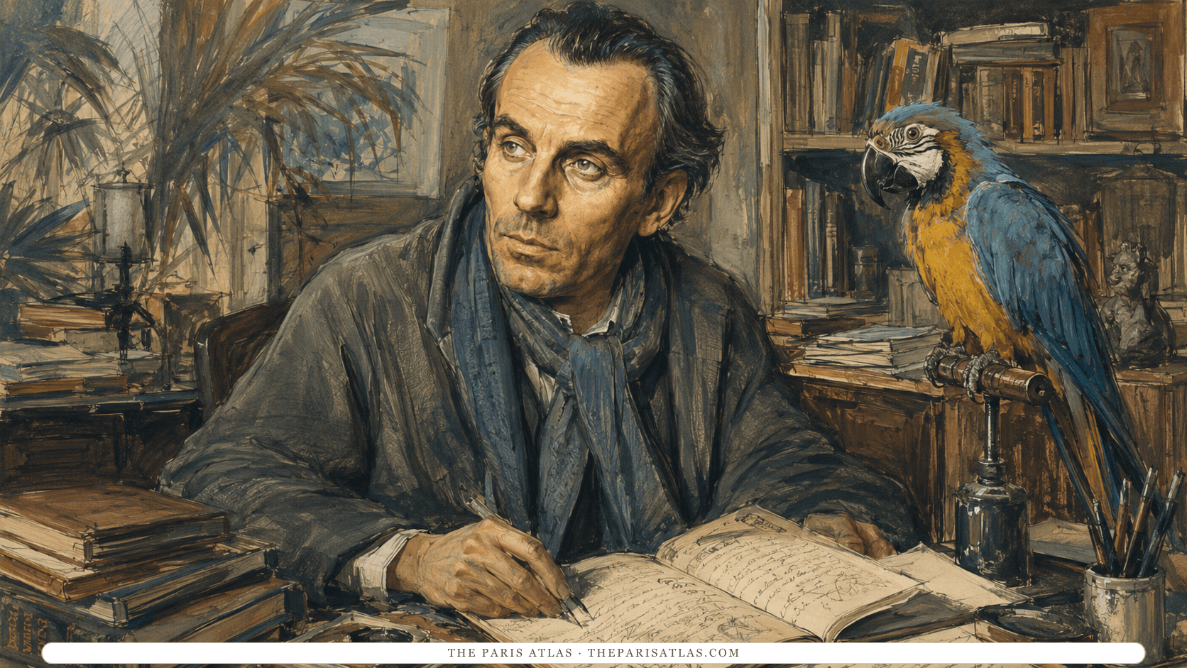 Louis-Ferdinand Céline reading a handwritten page by lamplight in the compartment of a night train, a mug of drink and further sheets of paper on the table in front of him, the dark countryside passing the window.