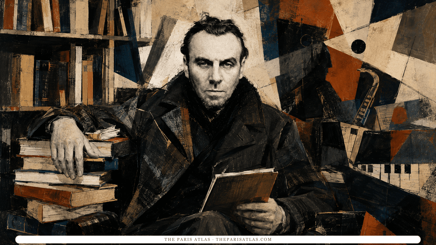 A young Louis-Ferdinand Céline in a First World War French officer's uniform, a small bound book under his arm, standing on a narrow cobbled street between plaster buildings, an arched gateway at his back.
