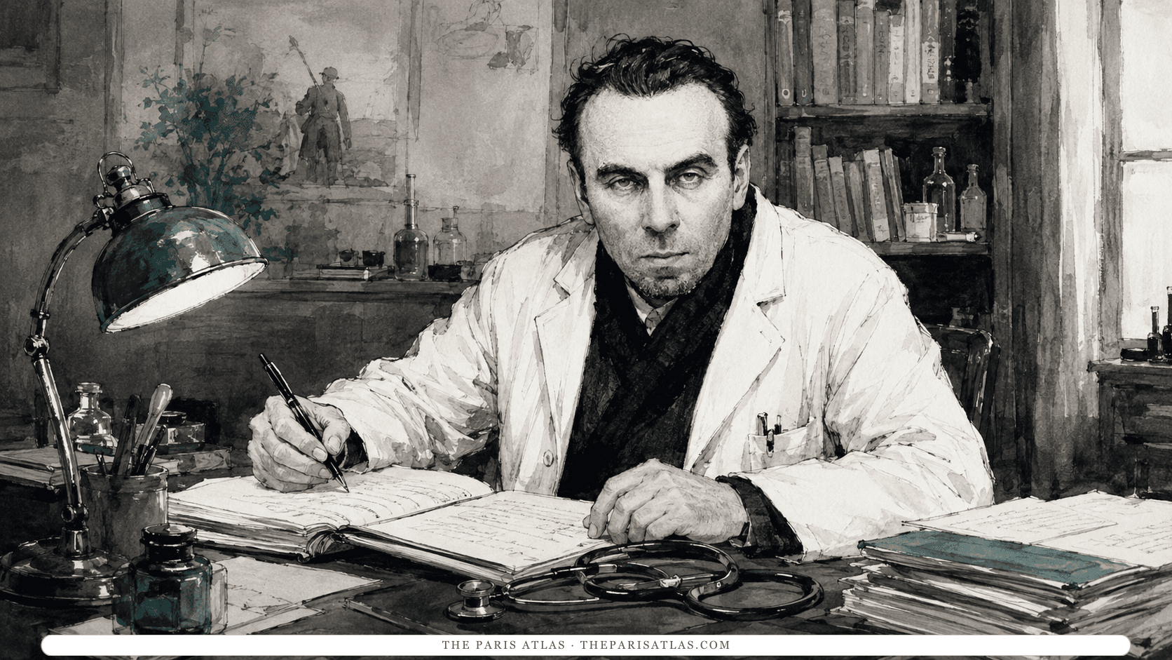Dr. Louis Destouches in a physician's white coat at a wooden desk in a dispensary, an open notebook and stethoscope in front of him, a green-shaded lamp lit at his left and a shelf of medical bottles behind him.