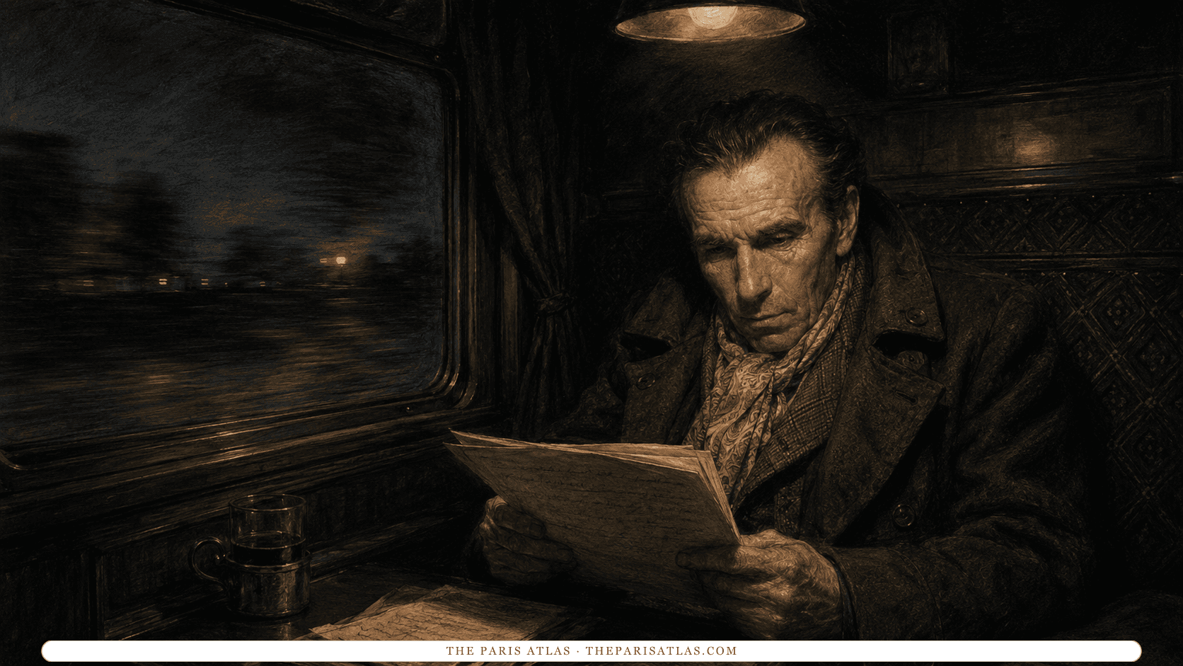 Louis-Ferdinand Céline walking along an autumn lane on the edge of Meudon, leaves scattered over the path, a small dog at his side and a book in his hand.
