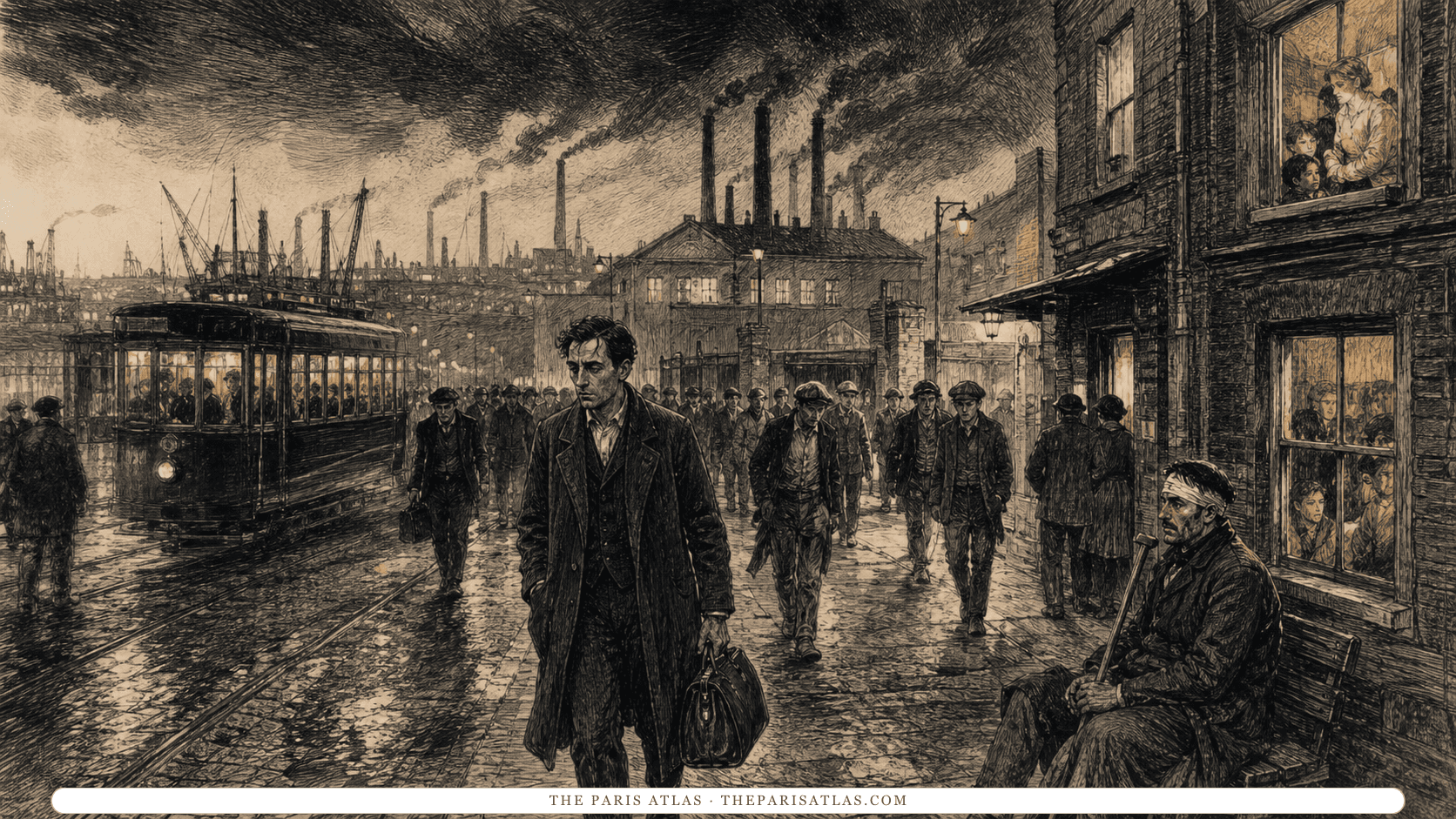 An adult veteran carrying a medical bag crosses a night-dark industrial suburb as workers leave their shift.