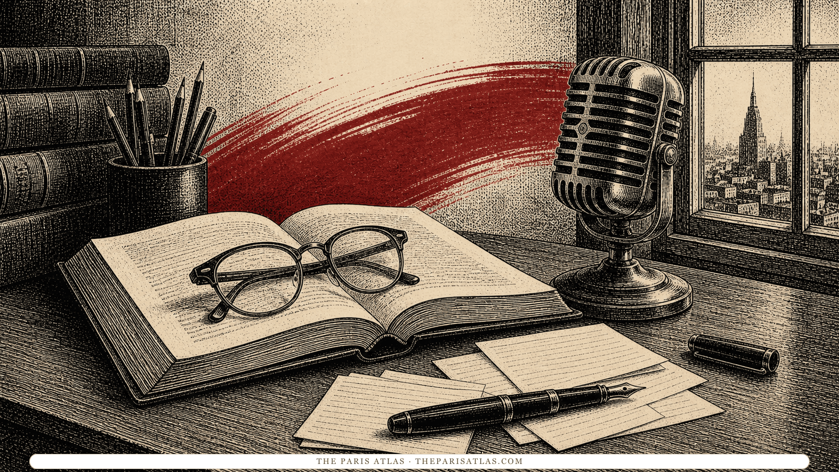 Pen-and-ink illustration of an open book, reading glasses, index cards, and a vintage microphone