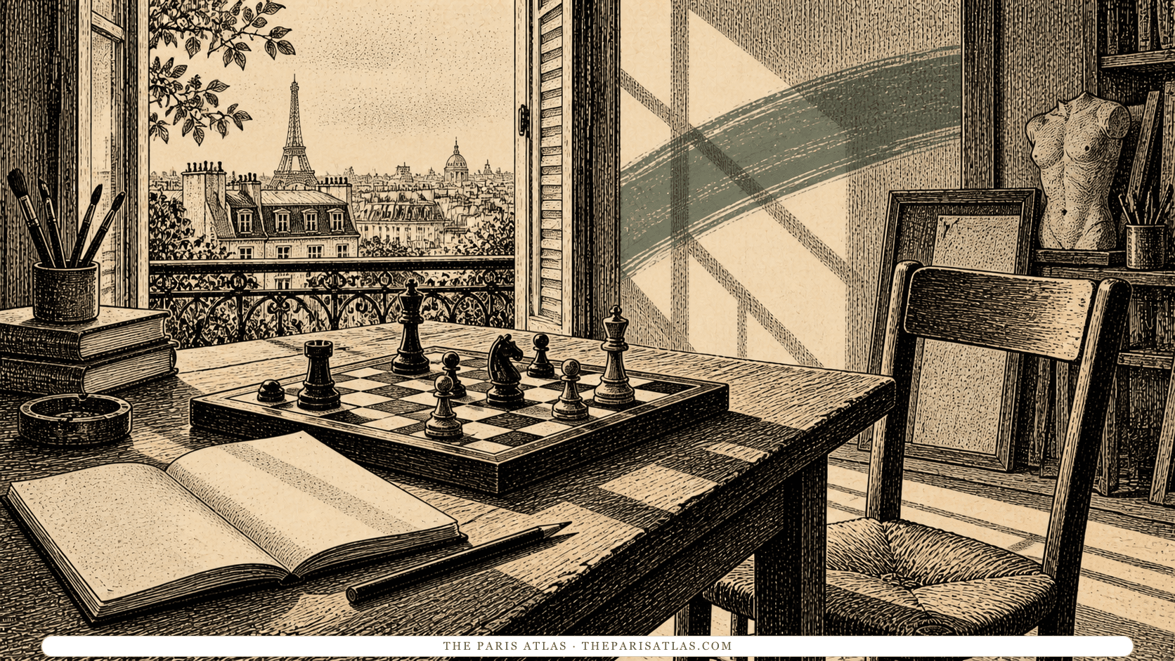 A chessboard, notebook and empty chair in a sunlit studio.