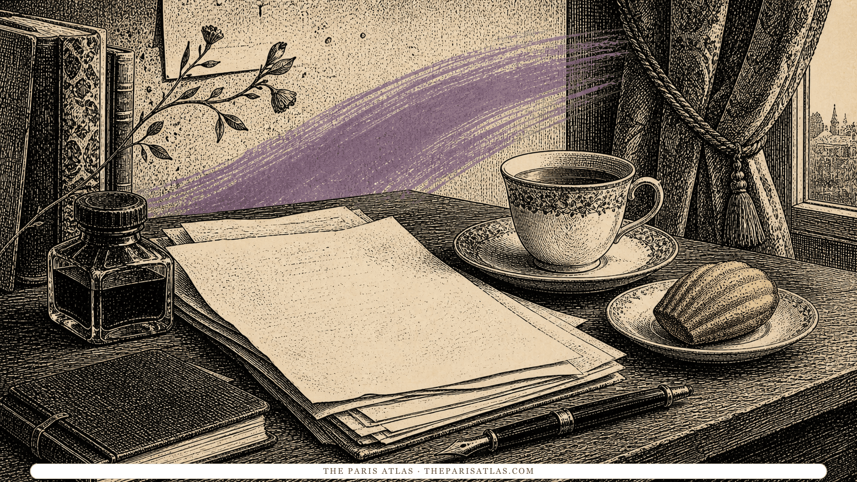 Pen-and-ink illustration of manuscript pages, tea, and a madeleine in a curtained bedroom