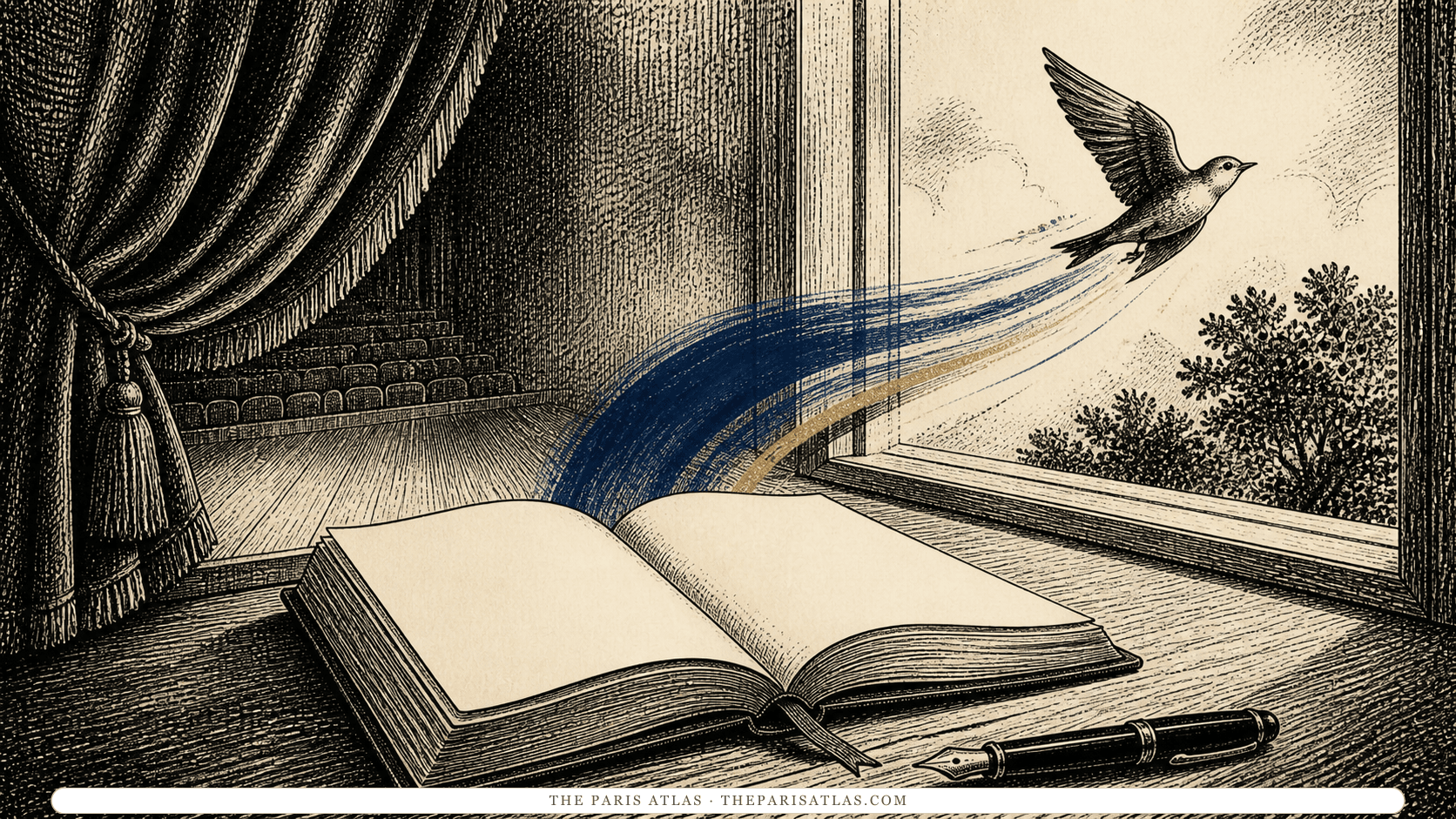 Pen-and-ink illustration of an open memoir, a theater curtain, and a bird taking flight