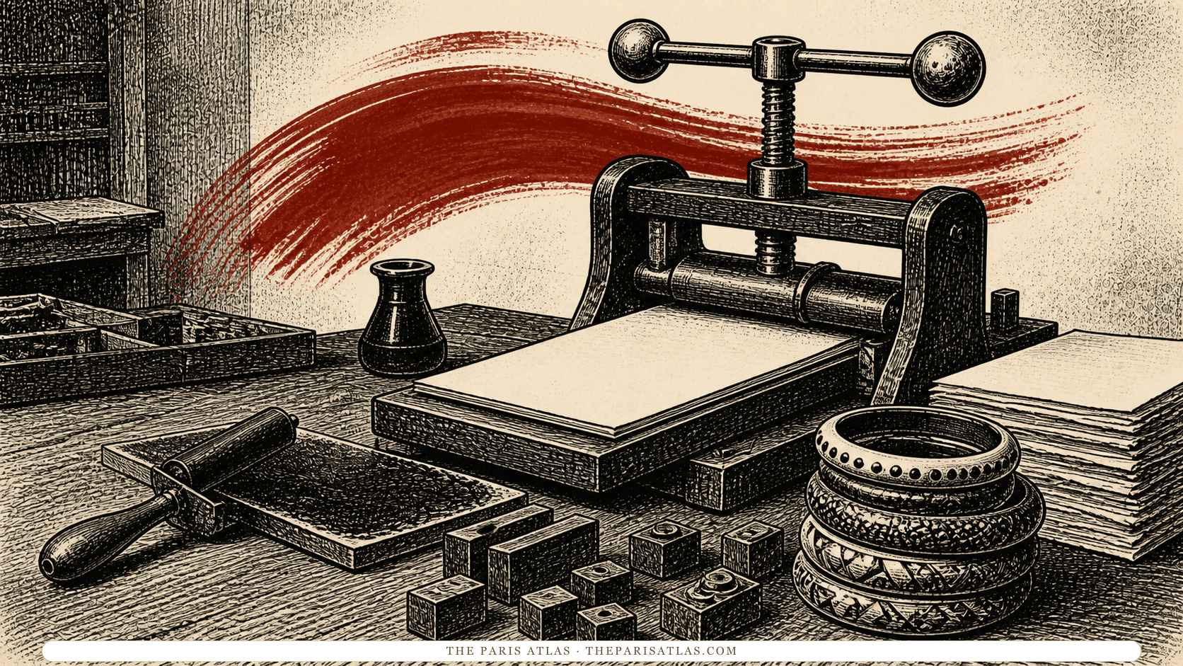 Pen-and-ink illustration of a hand printing press, type blocks, ink roller, and stacked bracelets