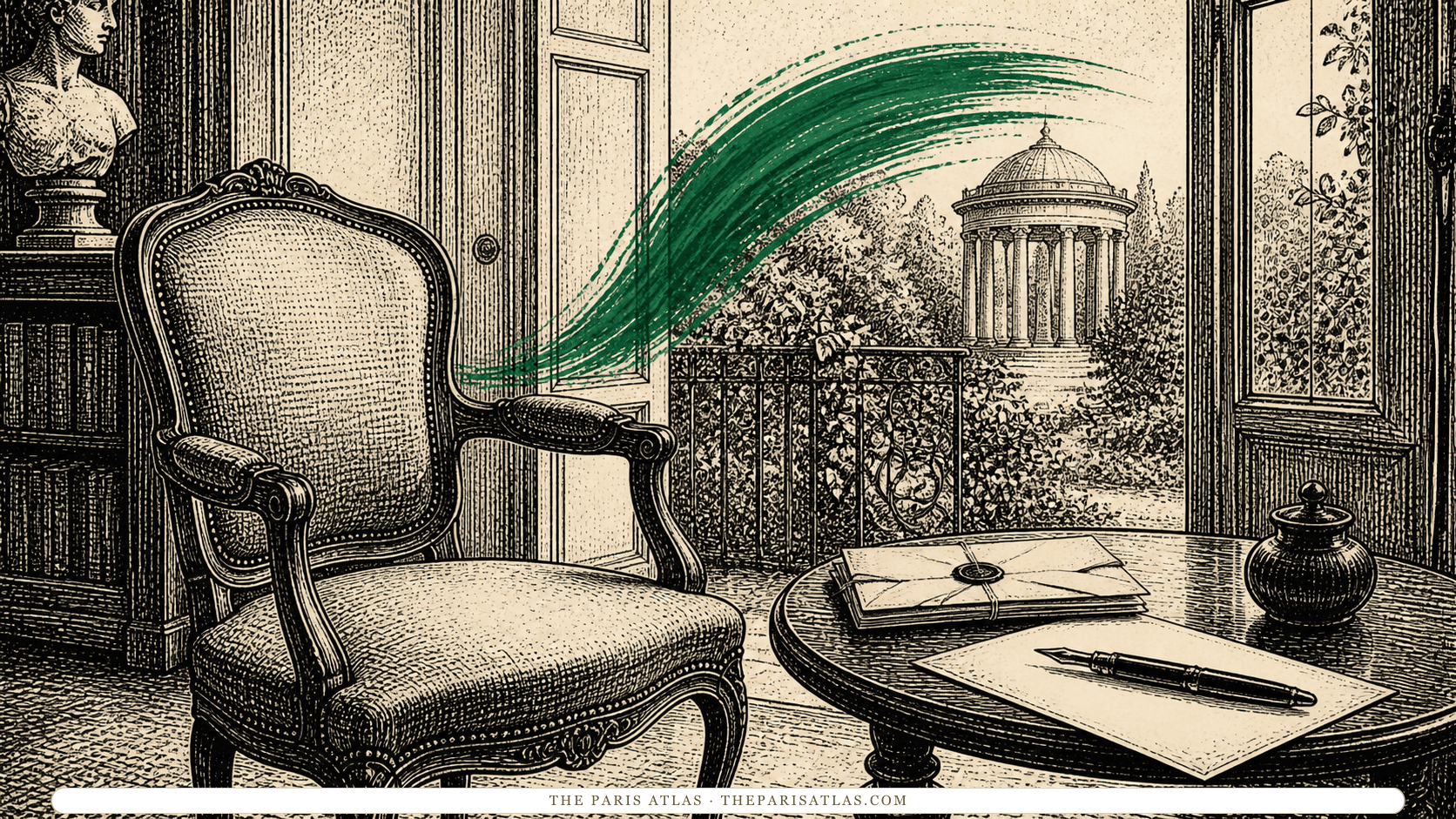 Pen-and-ink illustration of an empty salon chair, correspondence, and a garden temple
