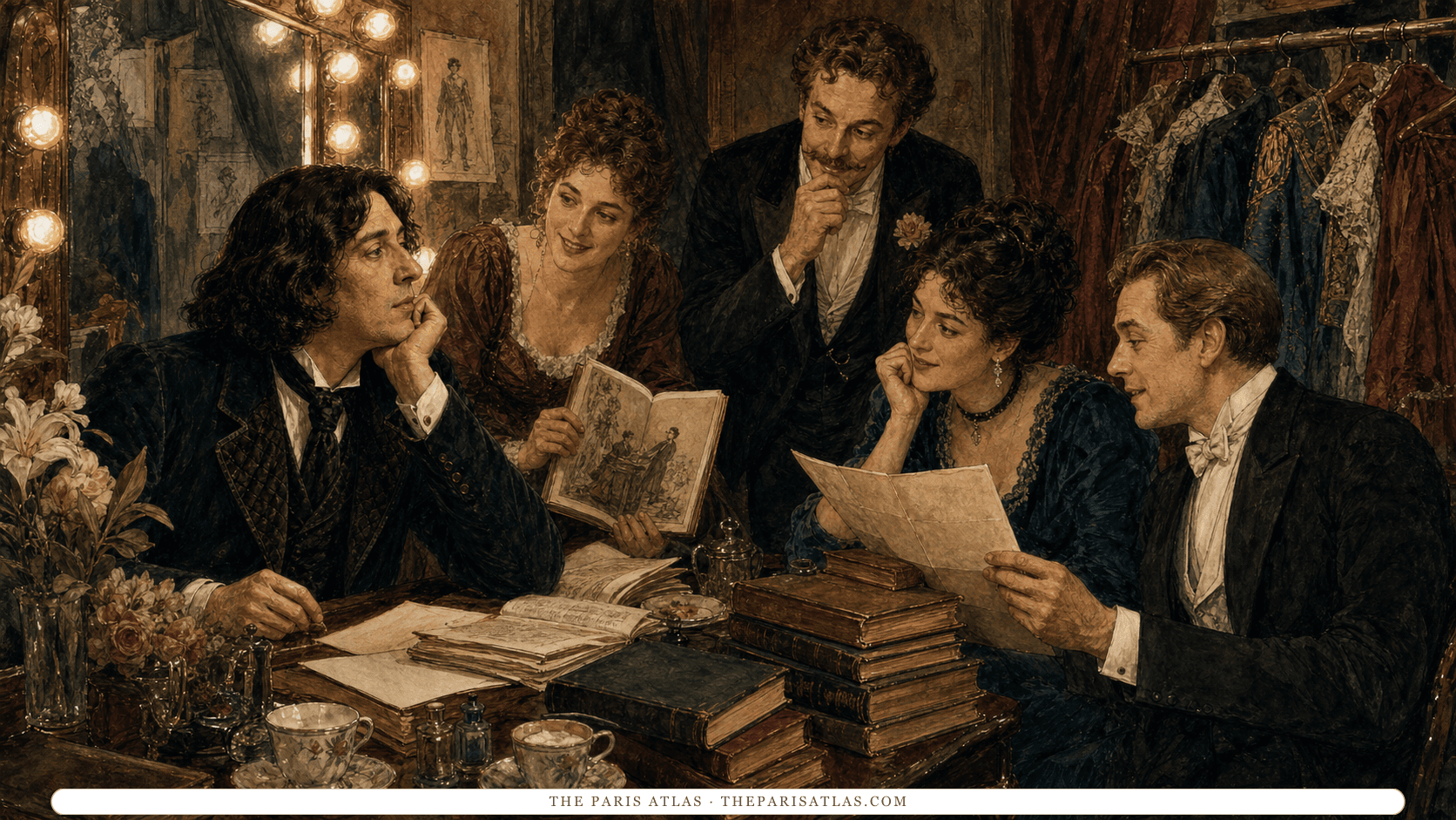 Oscar Wilde seated backstage with actors and readers comparing books and manuscripts around a dressing-room table after a performance.
