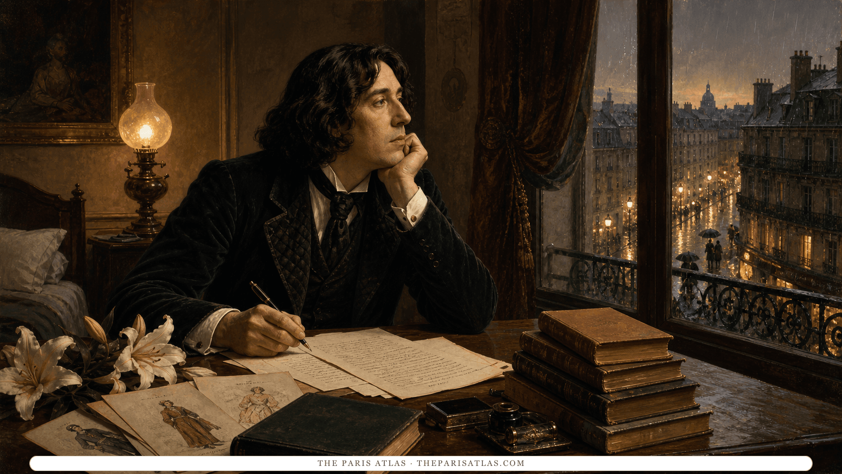 Illustration of Oscar Wilde writing at a late nineteenth-century Paris hotel desk with manuscript pages, theatre programs, books, lilies, and a dark green coat, while the street outside appears in rainy evening light.