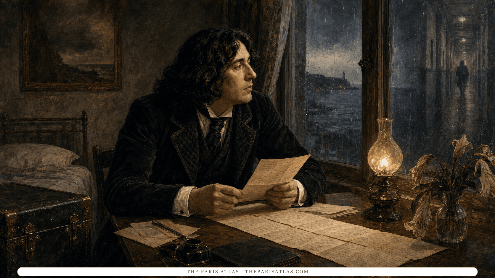 An older Oscar Wilde reading a long manuscript at a modest French hotel desk beside a travel trunk, storm-lit window, oil lamp, and fading lilies.