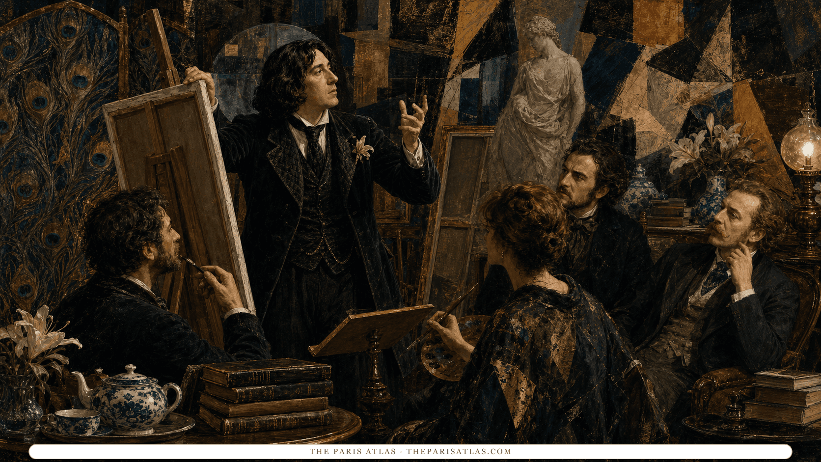 Oscar Wilde speaking with artists and a critic in a richly furnished salon filled with paintings, lilies, blue-and-white china, books, and a classical cast.