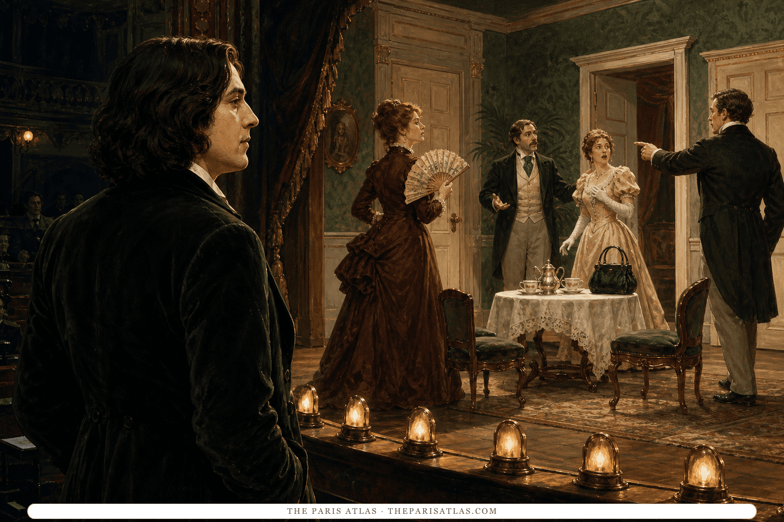Illustration of Oscar Wilde standing at the edge of a theatre stage while actors rehearse a drawing-room comedy among chairs, a fan, a handbag, and painted doors.
