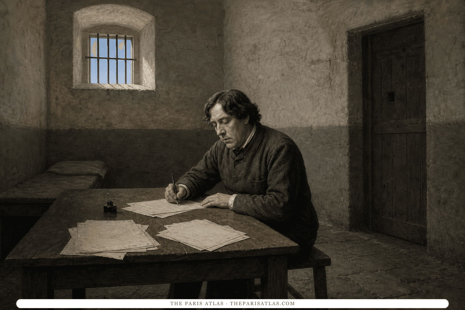 Illustration of an older Oscar Wilde writing at a plain prison table beneath a high barred window, with numbered paper, a closed door, and a narrow patch of sky.