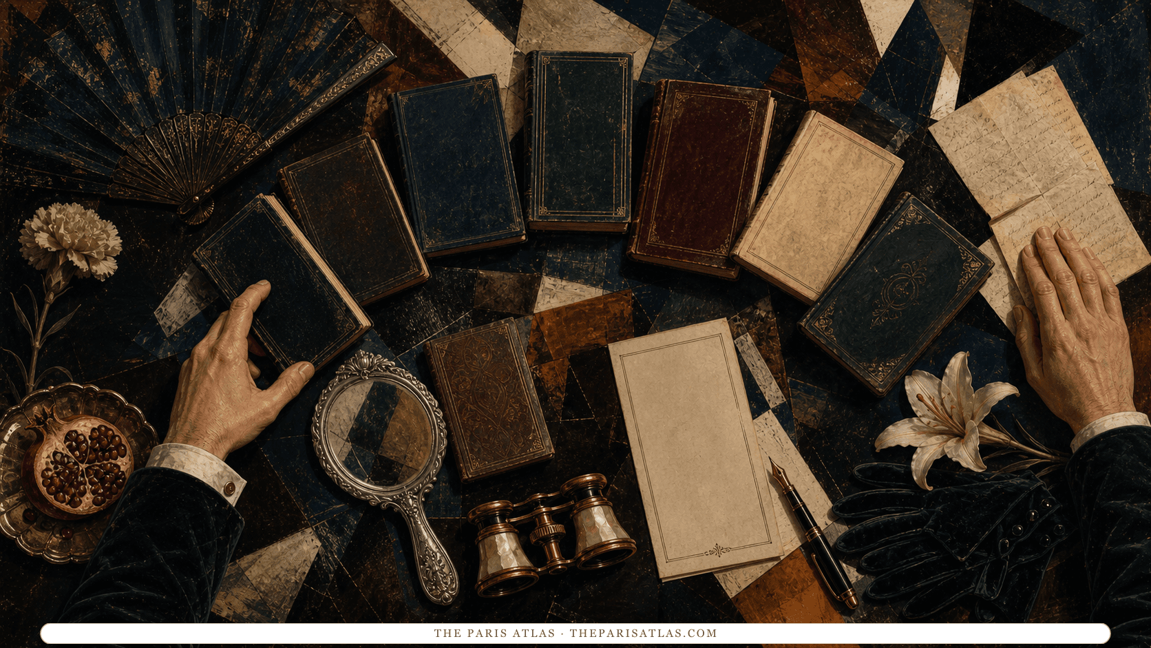 Overhead view of Oscar Wilde's hands selecting from an arc of unlabelled books arranged with a fan, carnation, pomegranate, mirror, opera glasses, folded letter, gloves, and a lily.