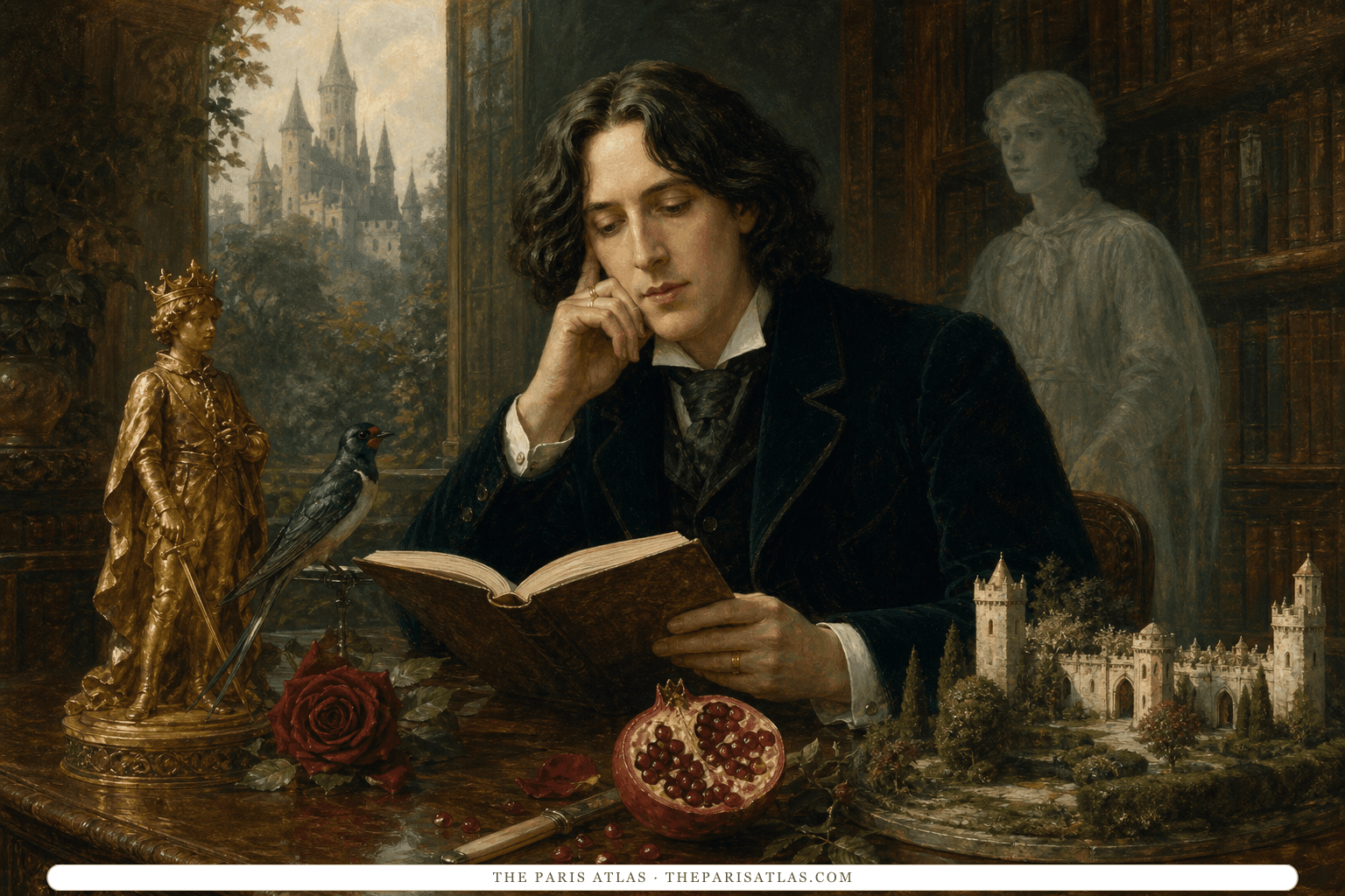 Illustration of Oscar Wilde reading beside a table of fairy-tale objects including a small prince statue, a swallow, a pomegranate, a rose, and a miniature castle.