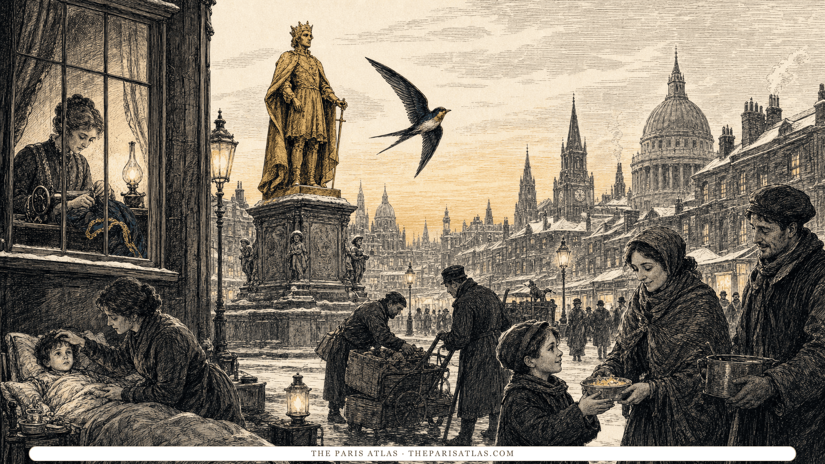 A swallow crosses a winter city square while neighbors share food beneath a golden prince statue.