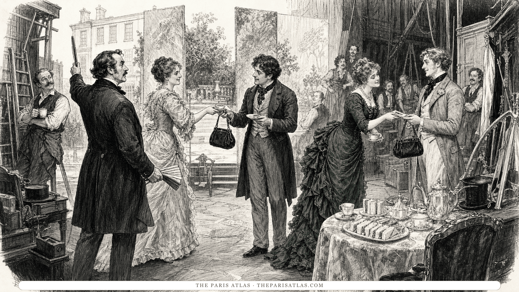 Adult actors and crew rehearse a drawing-room comedy amid handbags, teacups, and changing scenery.