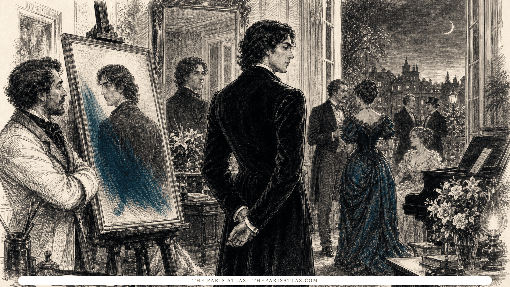 An adult young man stands beside a turned portrait as the painter and evening guests watch him.