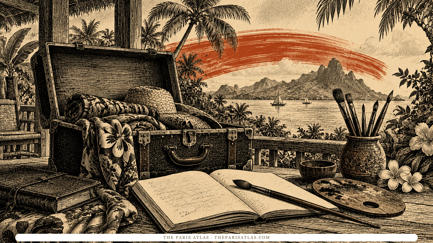 Travel trunk and artist’s materials on an illustrated tropical veranda.
