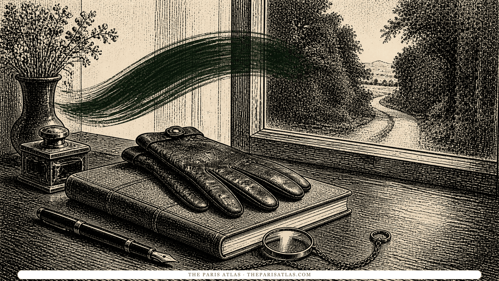 Pen-and-ink illustration of leather gloves, a manuscript, monocle, and an English country path
