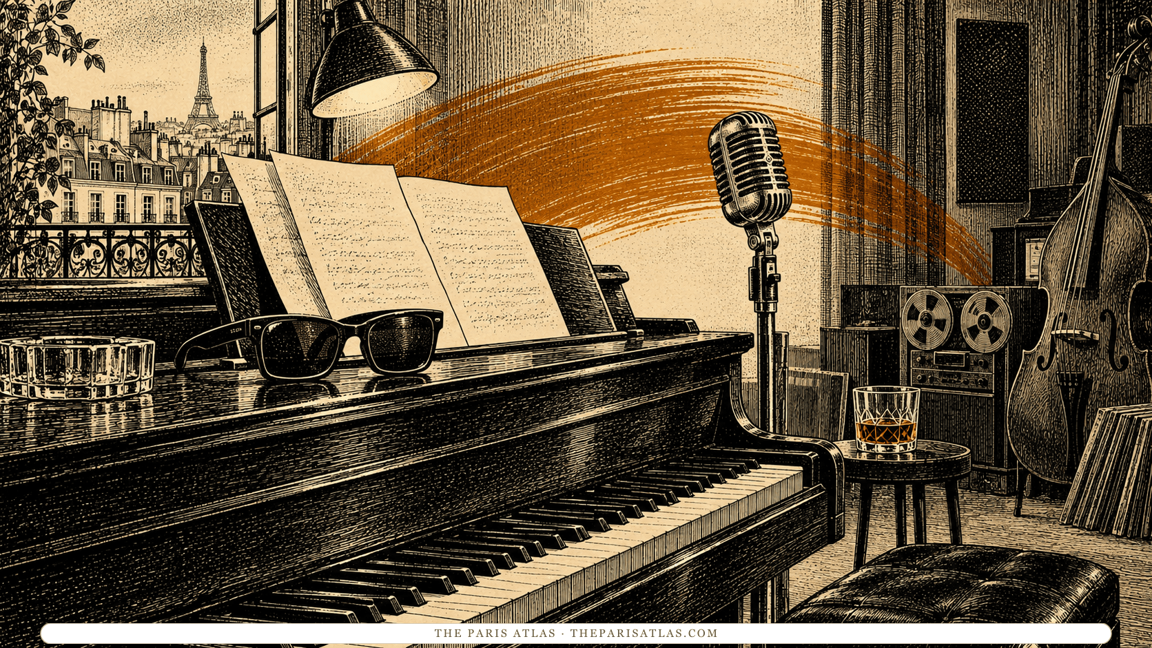 Piano, vintage microphone and sunglasses in an illustrated recording room.