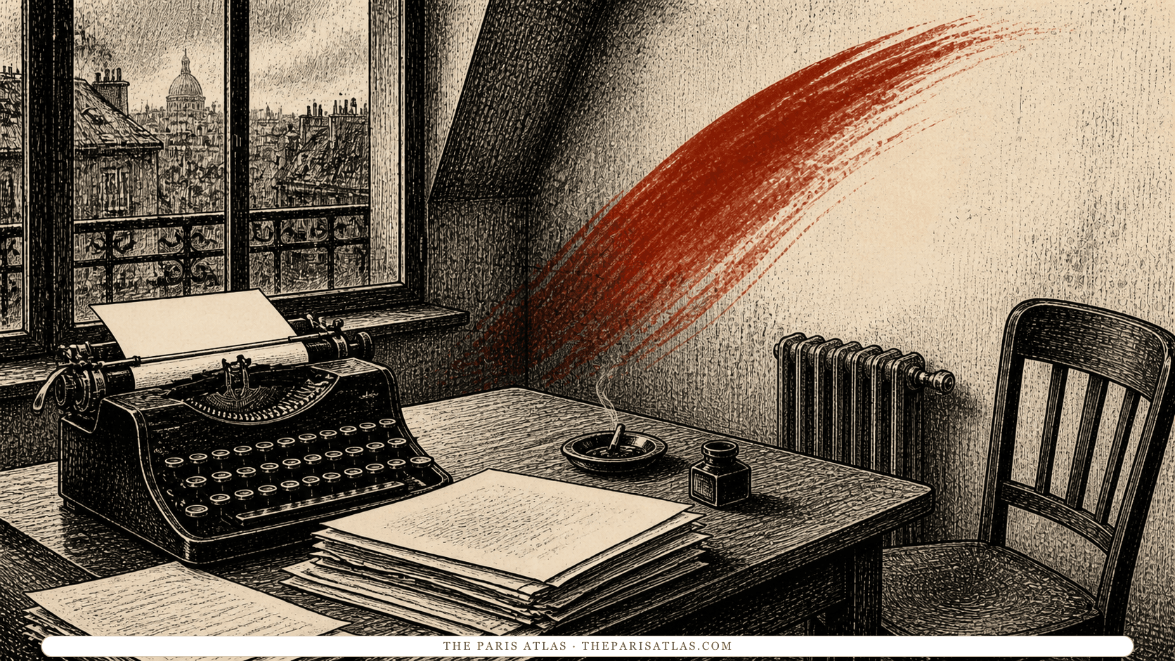 Pen-and-ink illustration of a typewriter and manuscripts in a spare Left Bank room